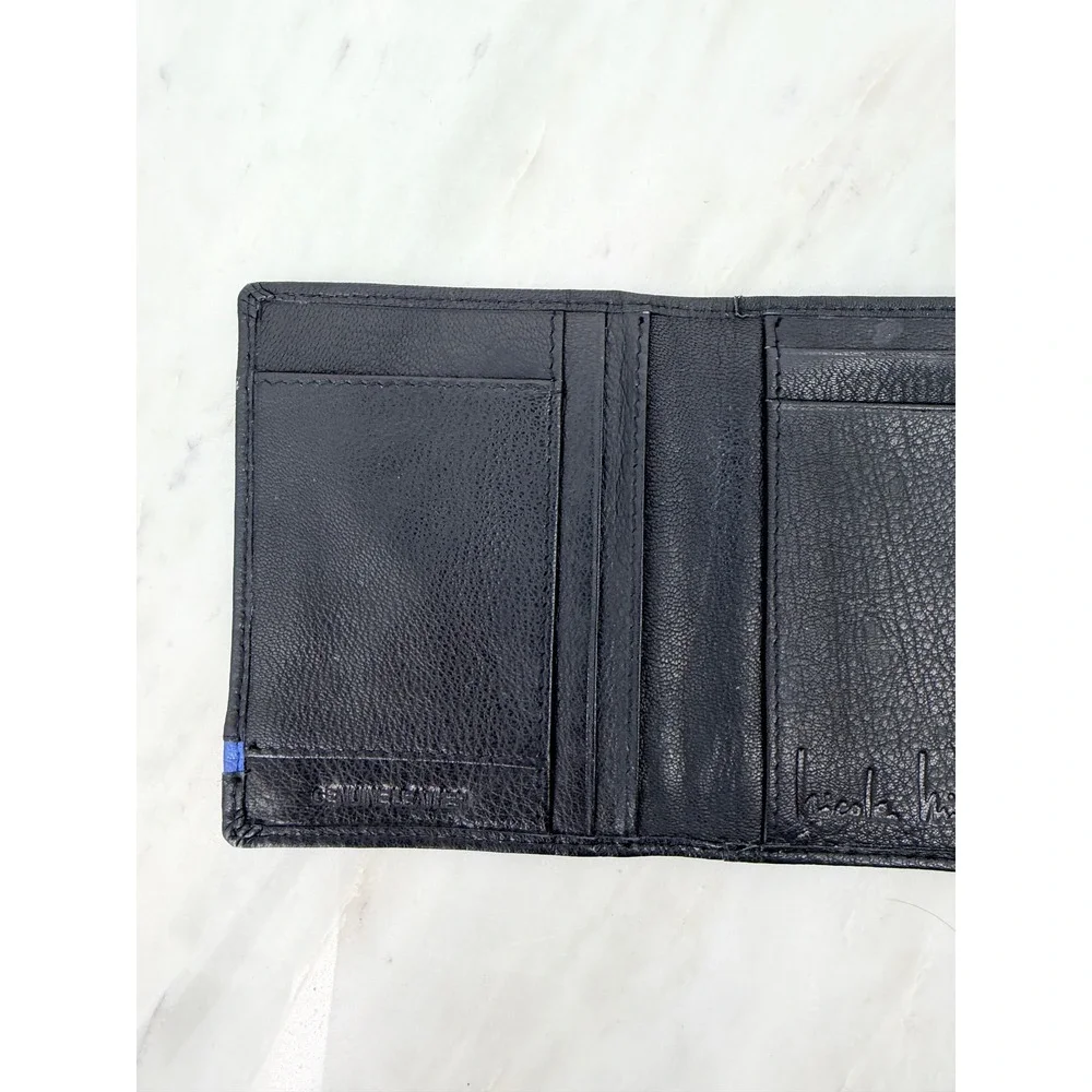 Nicole Miller Mens Black Genuine Leather Bifold Wallet Blue Stripe ID Window